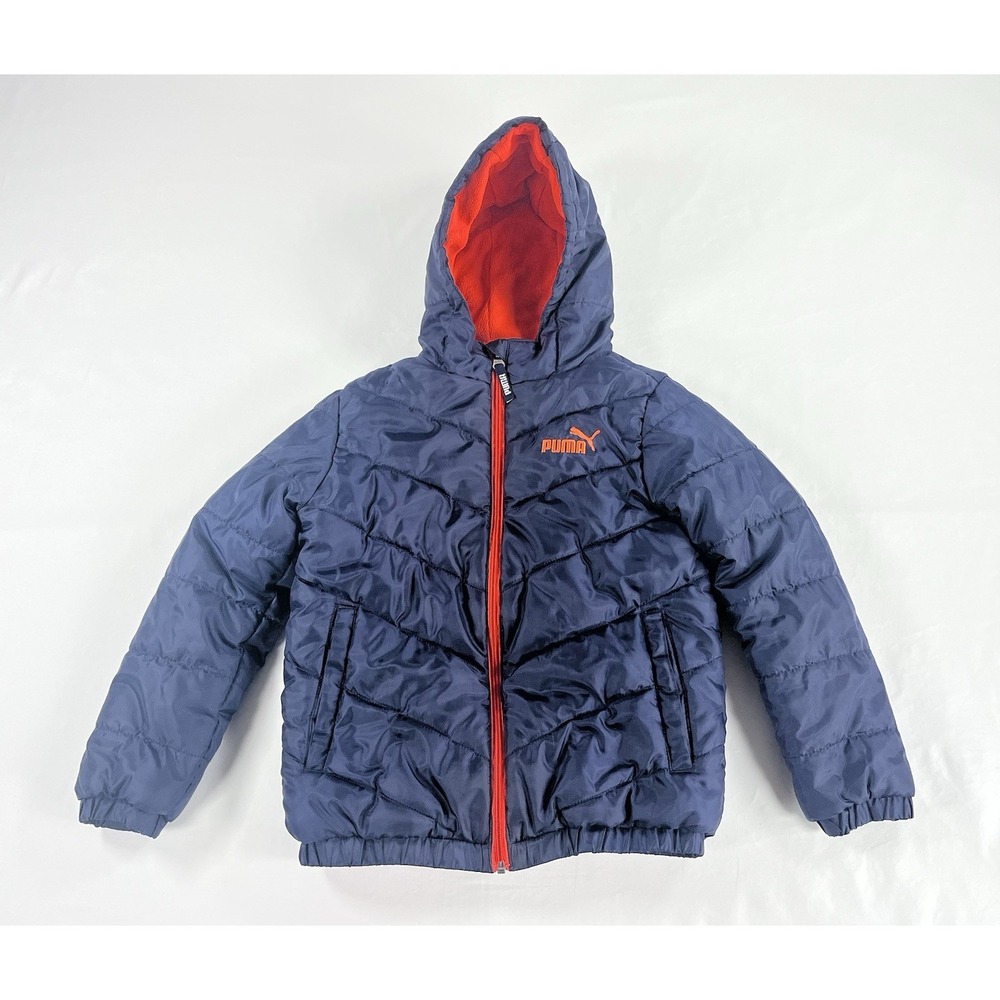 Puma Boys Puffer Jacket Size Small 8 Navy Blue Orange Fleece Lined Hooded Coat